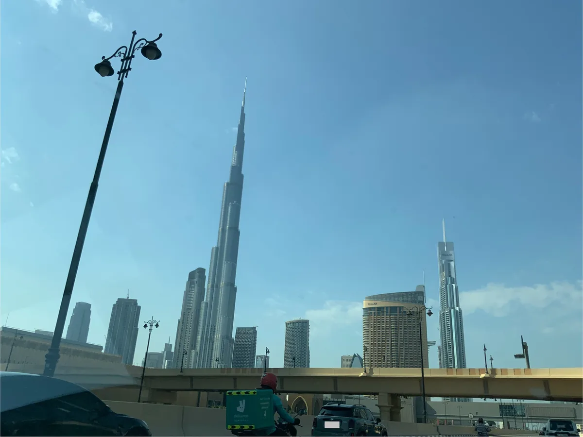 Burj Khalifa above roads and nearby buildings in 2022
