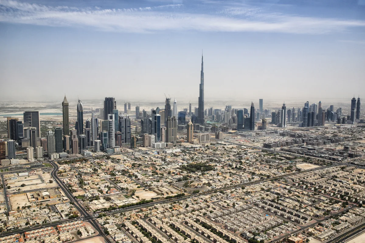 Dubai skyline with Burj Khalifa and Sheikh Zayed Road in 2015