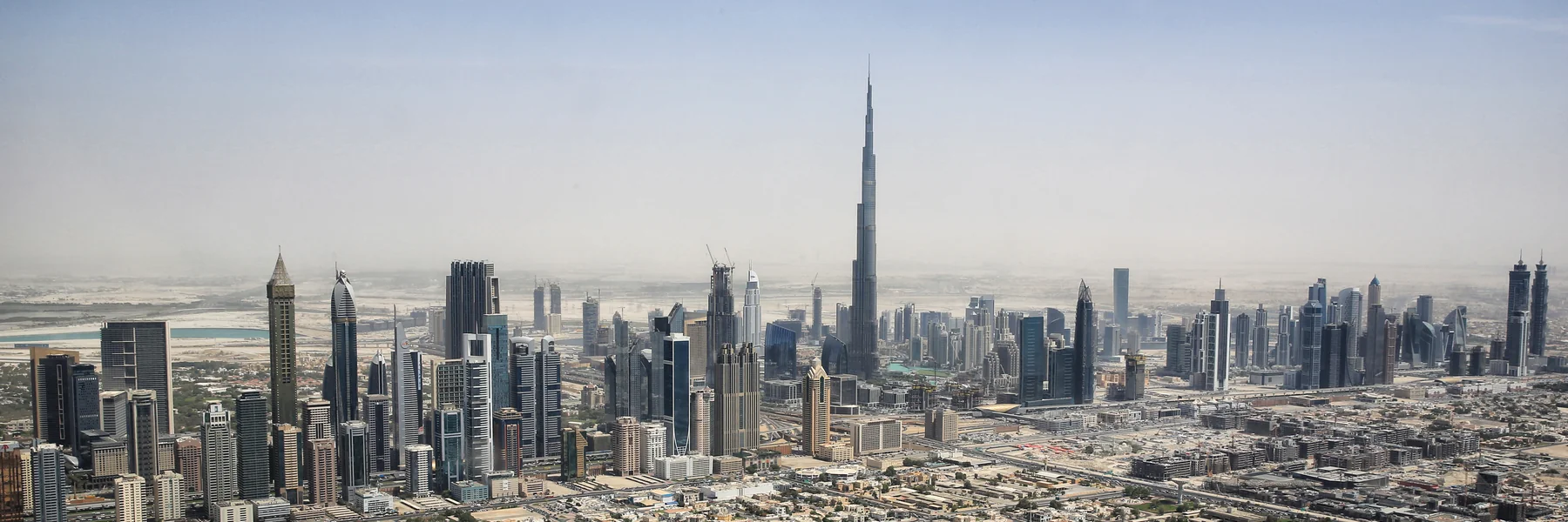 Dubai skyline with Burj Khalifa and Sheikh Zayed Road in 2015